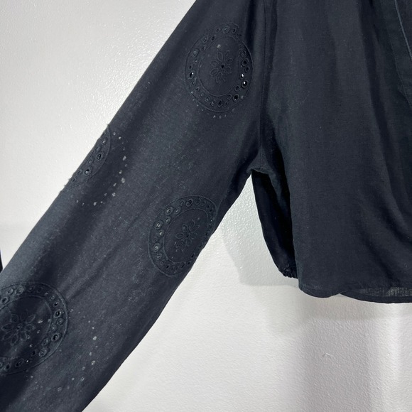 RACHEL ZOE Black Linen Blend Eyelet Wrap Cropped Long Sleeve Shirt Top Womens L - Picture 5 of 8
